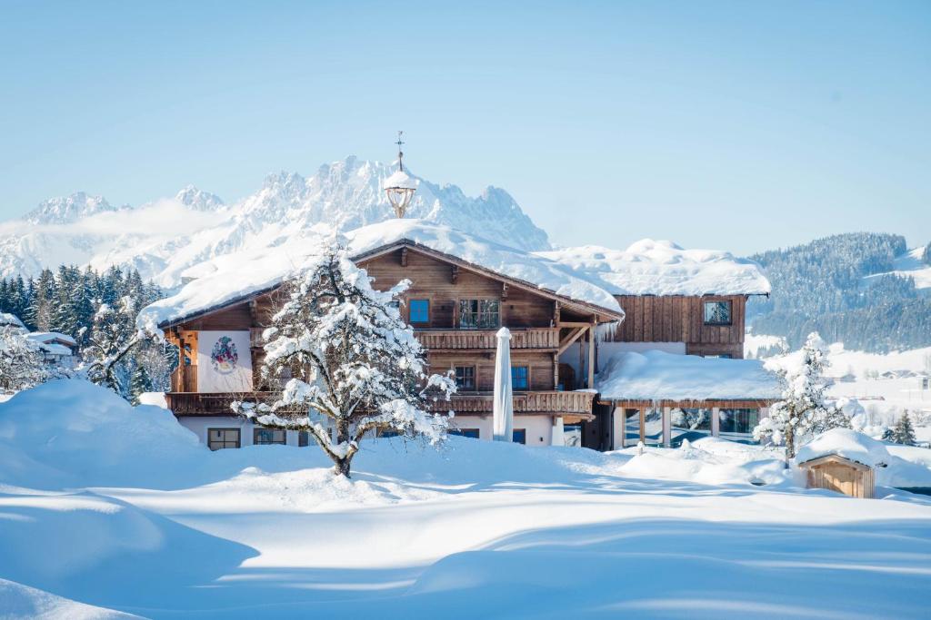 un chalet dans la neige dans les montagnes dans l'établissement Hotel Chalets Grosslehen, à Fieberbrunn