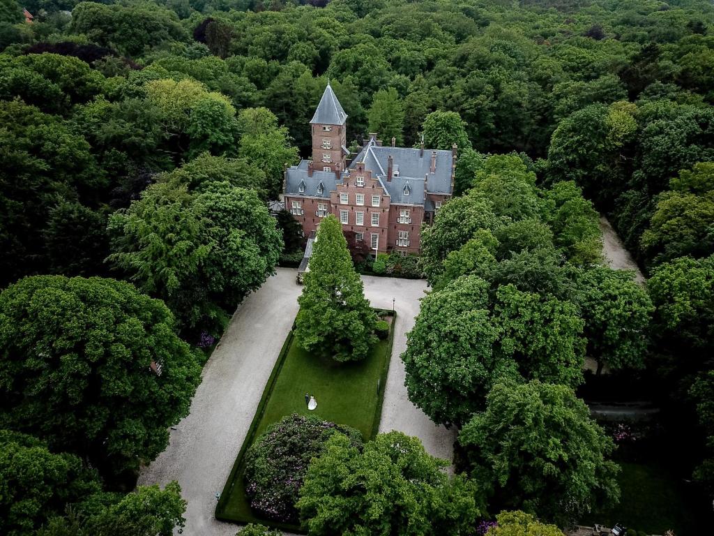 una vista aerea di un castello nel mezzo di una foresta di Kasteel de Wittenburg a Wassenaar