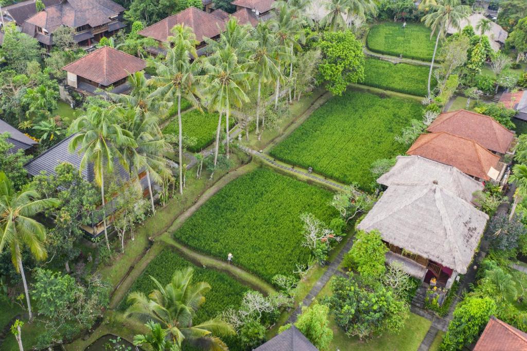 乌布Ananda Ubud Resort的享有花园房屋的空中景致