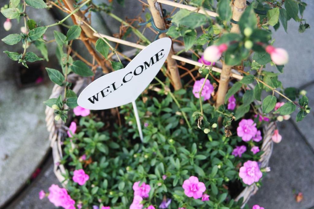 una señal de bienvenida en una maceta de flores en Gartenzimmer, en Rubigen