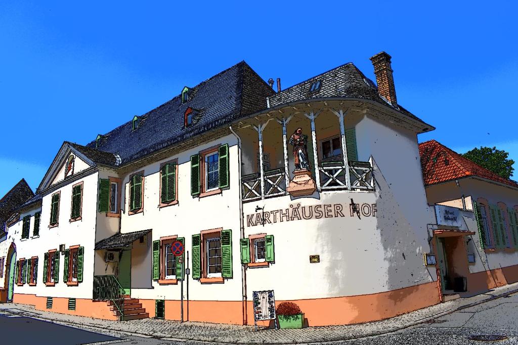 um edifício branco com uma placa que lê o Hotel Whistler em Hotel Karthäuser Hof em Flörsheim am Main