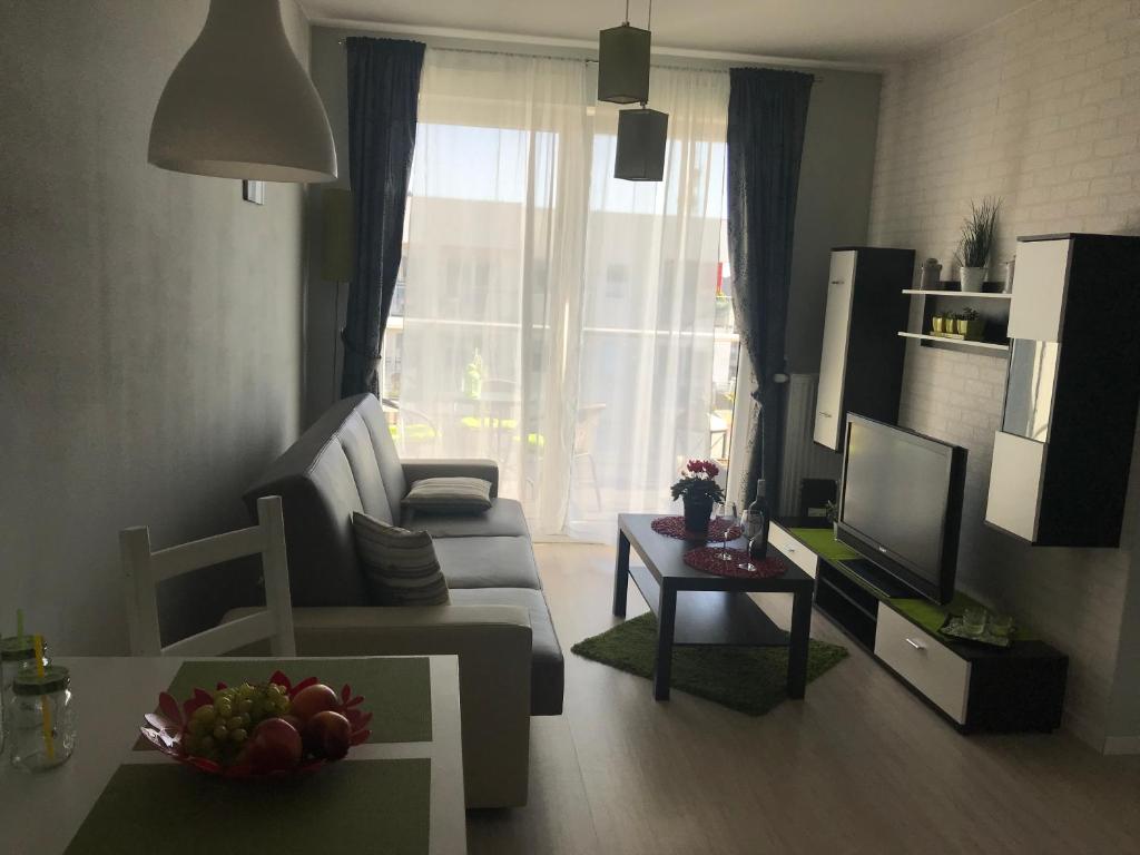 salon z kanapą i telewizorem w obiekcie Apartament Lucky w Pruszczu Gdańskim