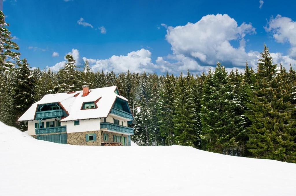 ein schneebedecktes Haus vor Bäumen in der Unterkunft Apartma Borovnica Rogla in Vitanje