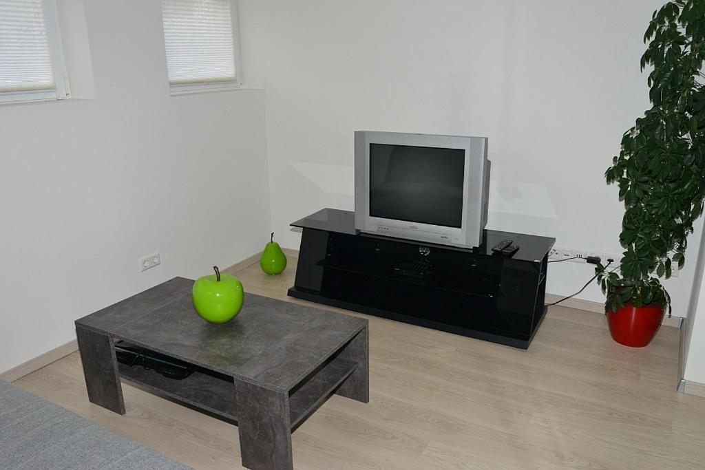 een woonkamer met een televisie en een appel op een tafel bij Apartment in Reutlingen / Sickenhausen in Reutlingen