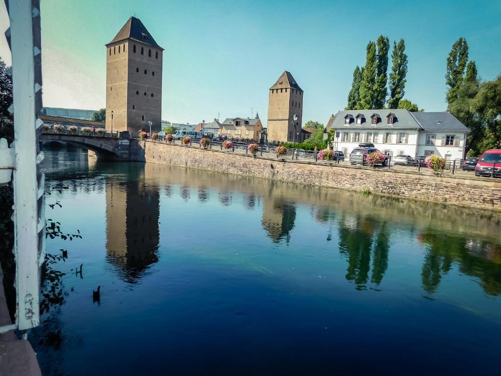 een rivier met een brug en enkele gebouwen en bomen bij Le Dunant in Straatsburg