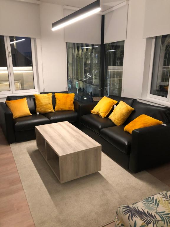 a living room with a black couch and yellow pillows at Evelyns Corner Duplex in Ghent