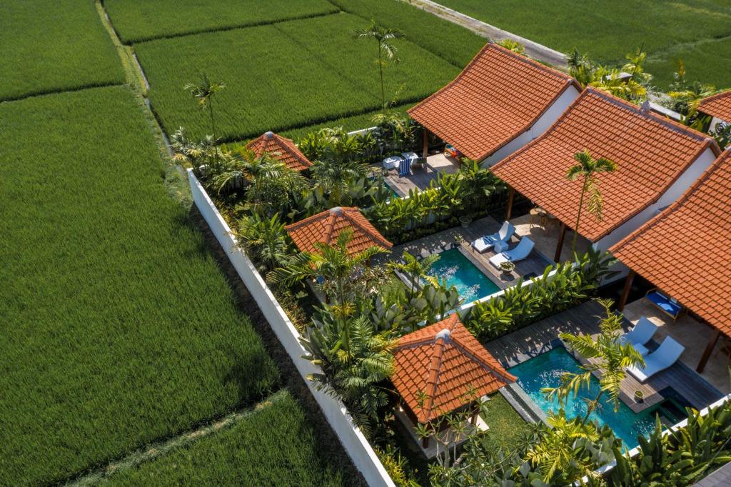 einen Luftblick auf ein Resort mit einem Pool in der Unterkunft Sawah Villas in Ubud