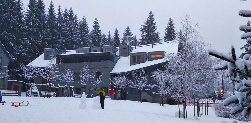 un bâtiment sur une piste de ski dans la neige dans l'établissement Harrachov Resident Apartments with Terrace, à Harrachov