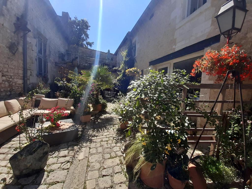 a garden with potted plants on a stone pathway at Terra-Crystal in Rochefort