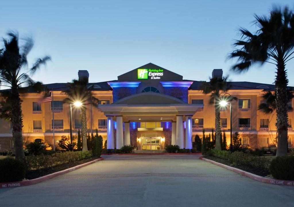 un hôtel avec des palmiers devant un bâtiment dans l'établissement Holiday Inn Express Pearland, an IHG Hotel, à Pearland