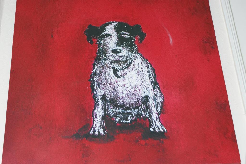 un dibujo de un perro sobre un fondo rojo en 10to12 Folkestone, en Folkestone