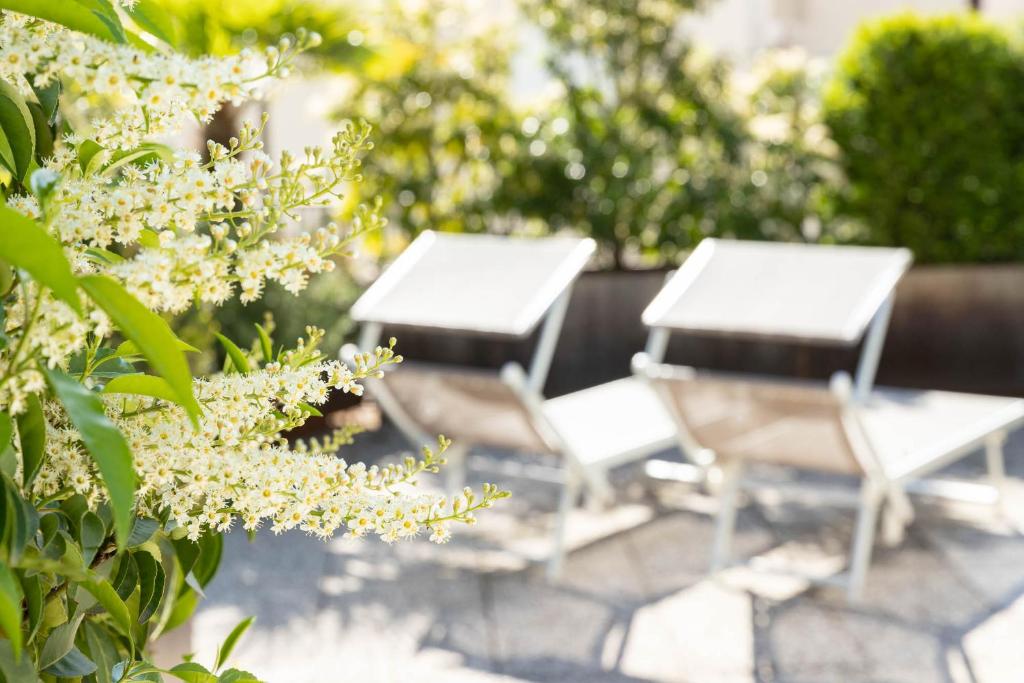 twee picknicktafels en stoelen in een tuin bij Landhaus am Gries in Lana