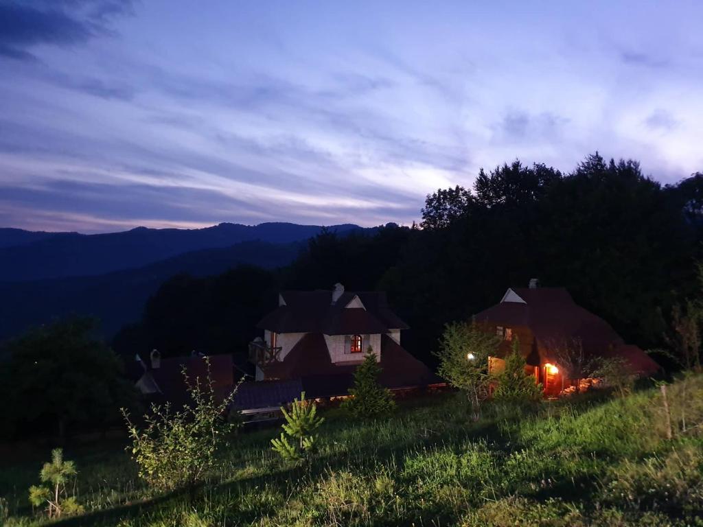 uma casa sentada no topo de uma colina à noite em Rakhiv Plai em Rakhiv