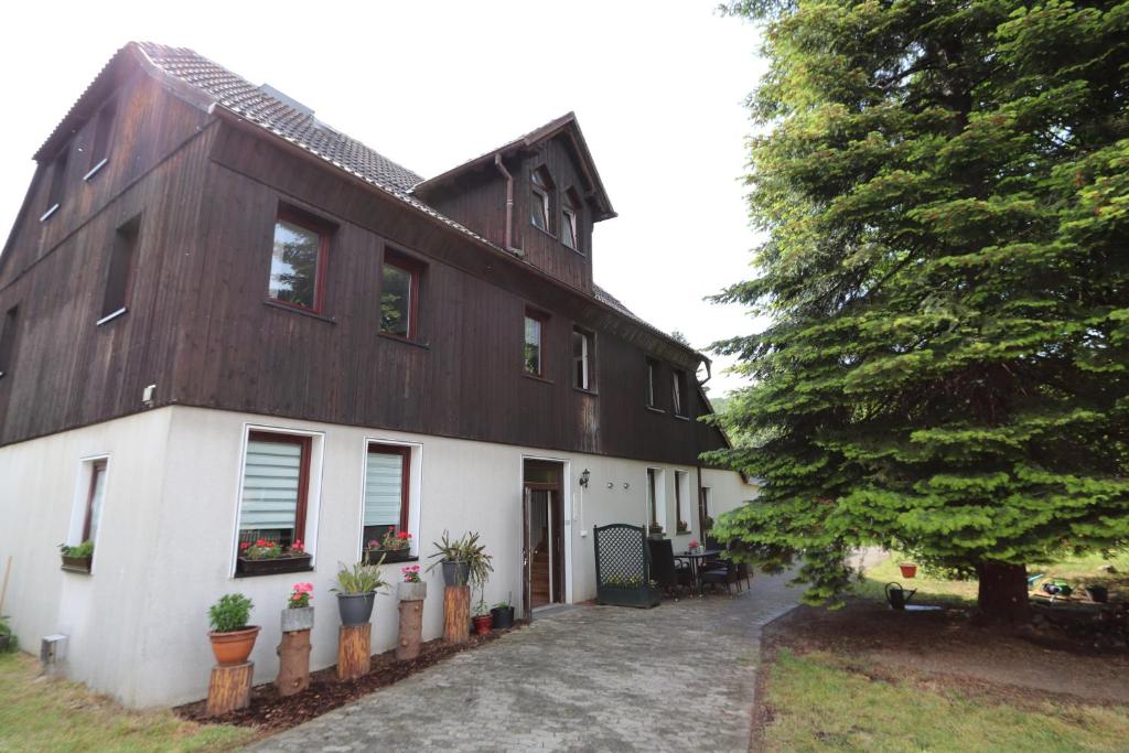 a large white house with plants in front of it at Ferienwohnung Both in Wernigerode