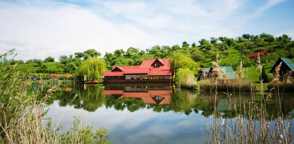 une maison avec un toit rouge au sommet d'un lac dans l'établissement Pensiunea Hubertus, à Bistriţa