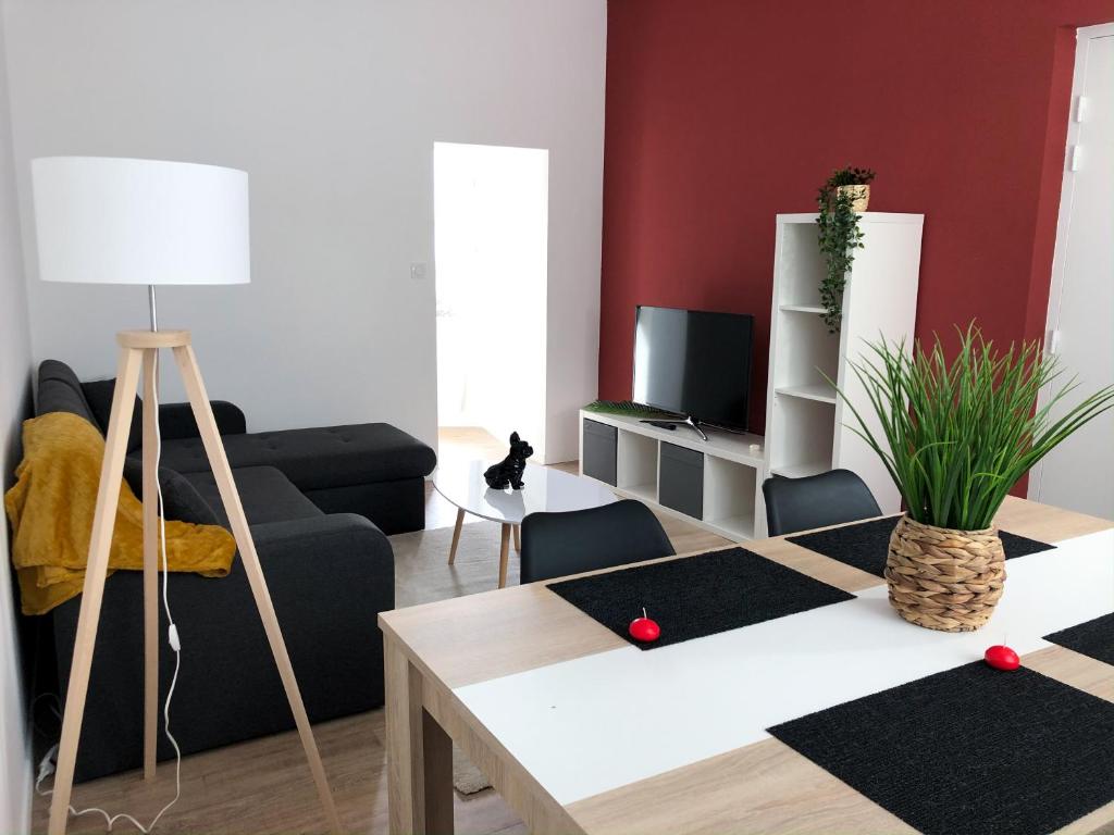 een woonkamer met een bank en een tv bij Grand appartement fonctionnel proche centre-ville in Saumur