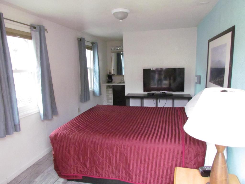 1 dormitorio con cama roja y TV en True North Motel, en Colorado Springs