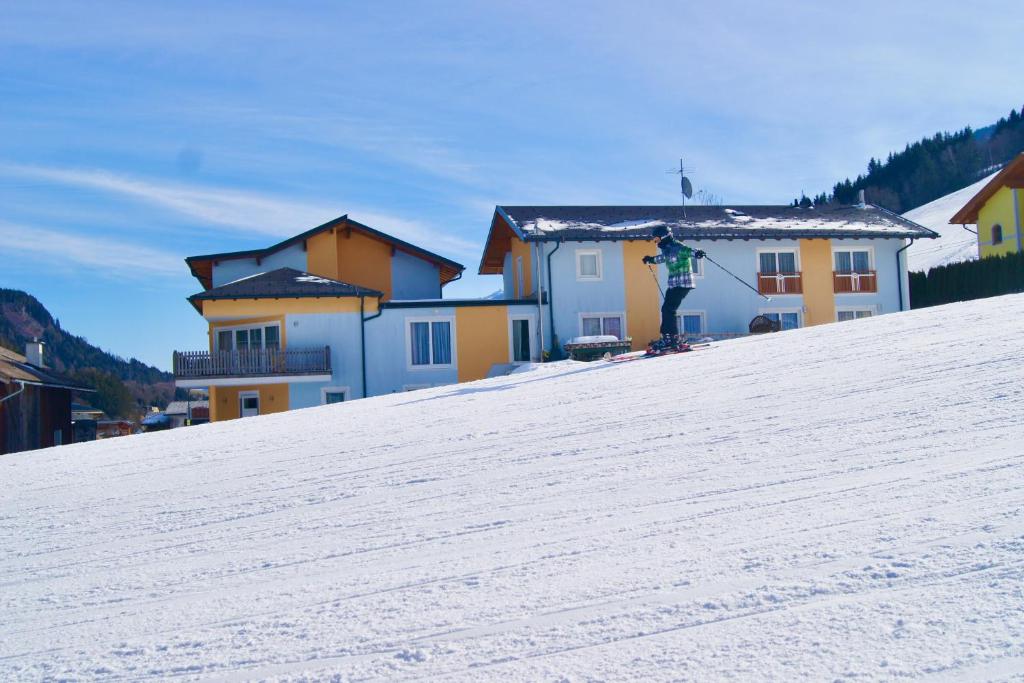 a person on skis standing on top of a snow covered slope at Zeffererhof in Schladming