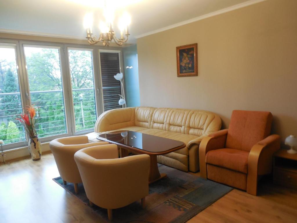 ein Wohnzimmer mit einem Sofa, einem Tisch und Stühlen in der Unterkunft Apartament Familijny Beskidzki in Ustroń