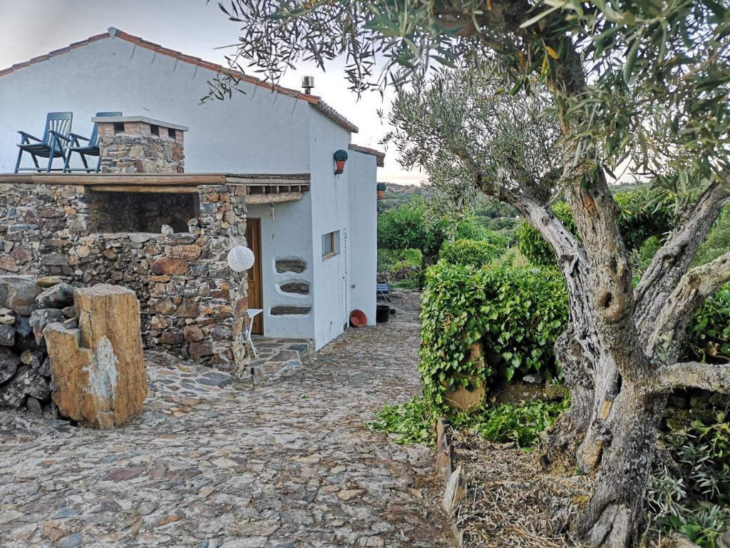 una casa blanca con un camino de piedra que conduce a ella en Monte das Cascatas, en Marvão