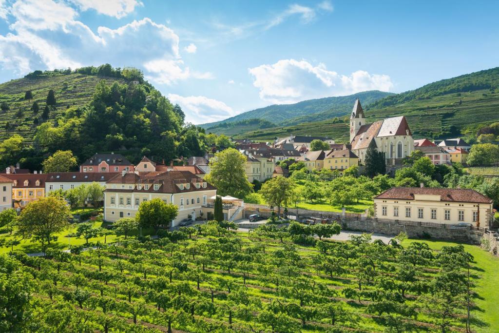 uma cidade nas montanhas com um campo de videiras em Barock-Landhof Burkhardt em Spitz