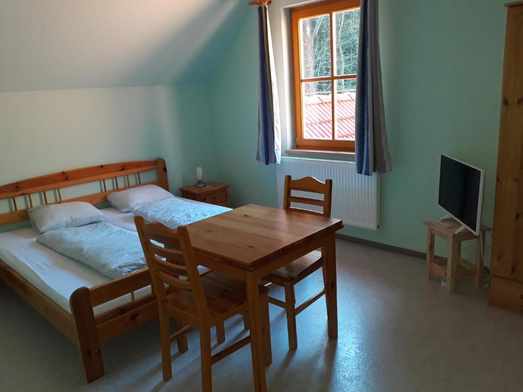 ein Schlafzimmer mit einem Tisch, einem Bett und einem TV in der Unterkunft Schutzhaus Johannesbachklamm in Unterhöflein