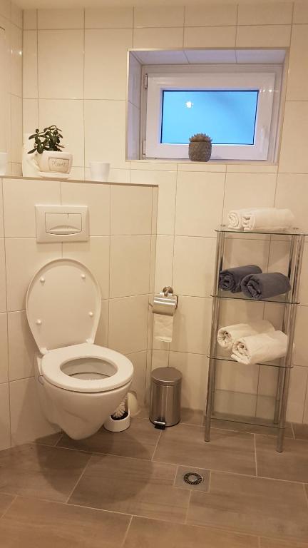 baño con aseo blanco y ventana en Lilli Ferienwohnung, en Handewitt