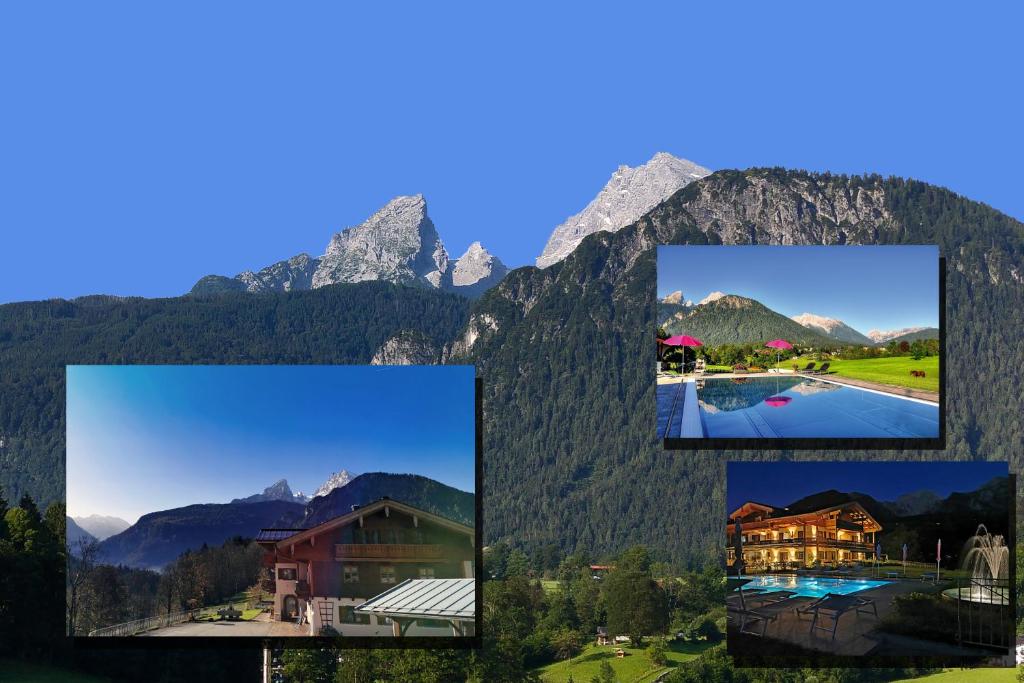 un collage di foto di edifici e montagne di Gästehaus Obersulzberglehen a Schönau am Königssee