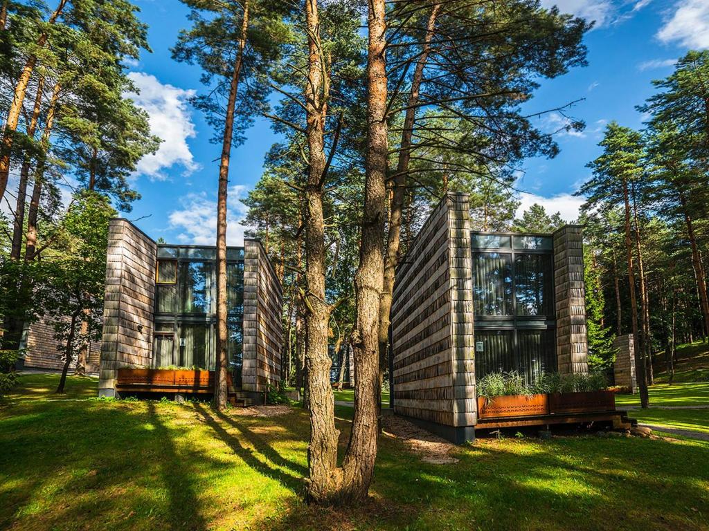 una casa nel bosco con un albero di TonyResort a Trakai