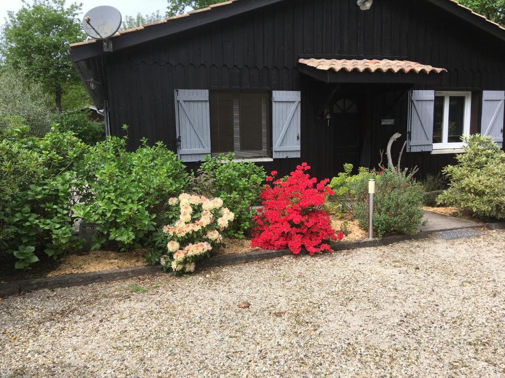 ein schwarzes Haus mit Blumen davor in der Unterkunft Chambre d'HÔTE Maison De L'amitié in Lanton