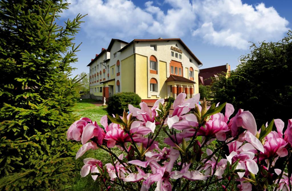 a house with pink flowers in front of it at Алексік in Truskavets