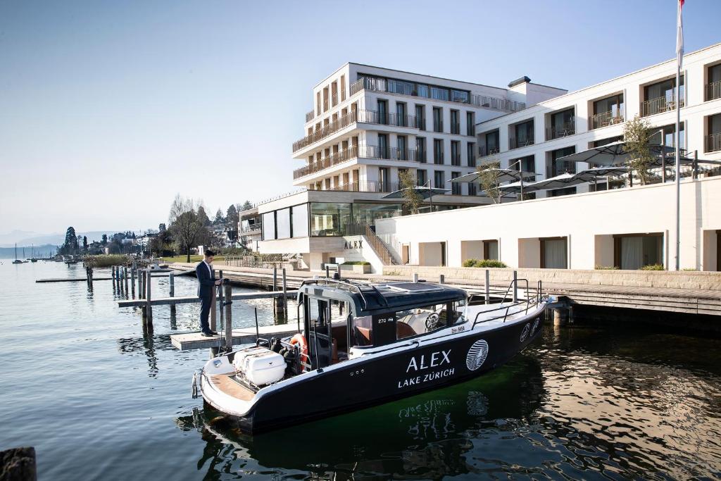 un pequeño barco está atracado en un muelle en Alex Lake Zürich - Lifestyle hotel and suites, en Thalwil