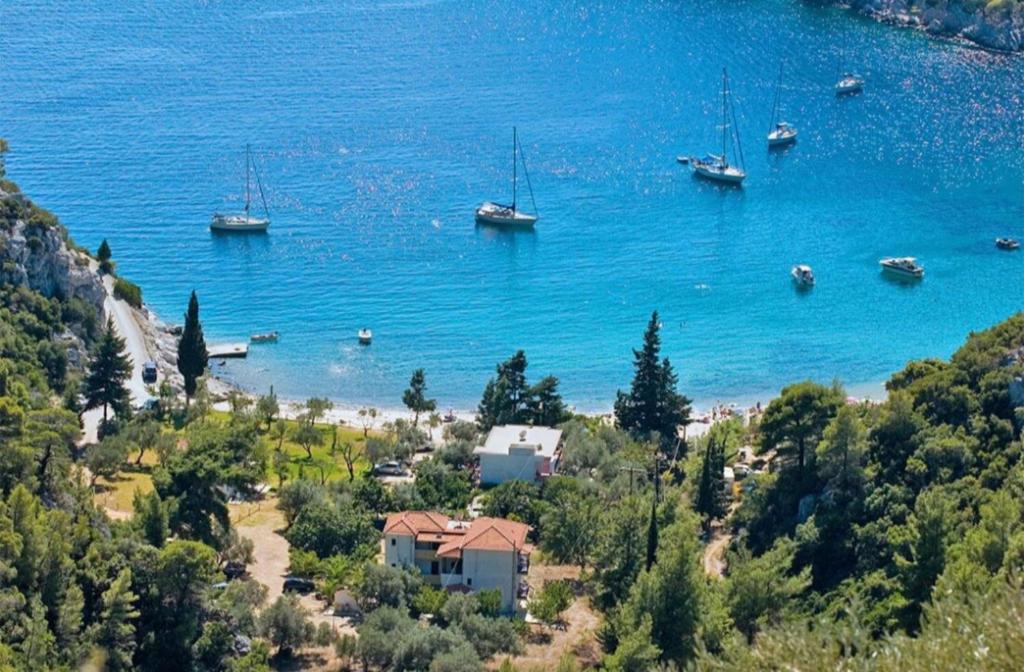 vista su una spiaggia con barche in acqua di Limnonari Beach Rooms a Skopelos Town