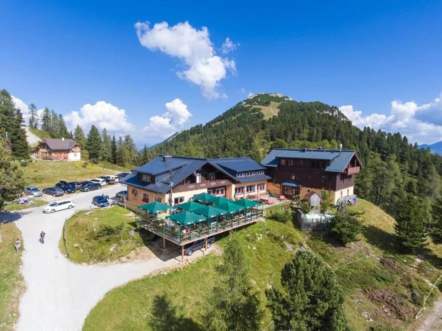 une vue aérienne sur une maison sur une montagne dans l'établissement Steinerhaus Berggasthof, à Gröbming