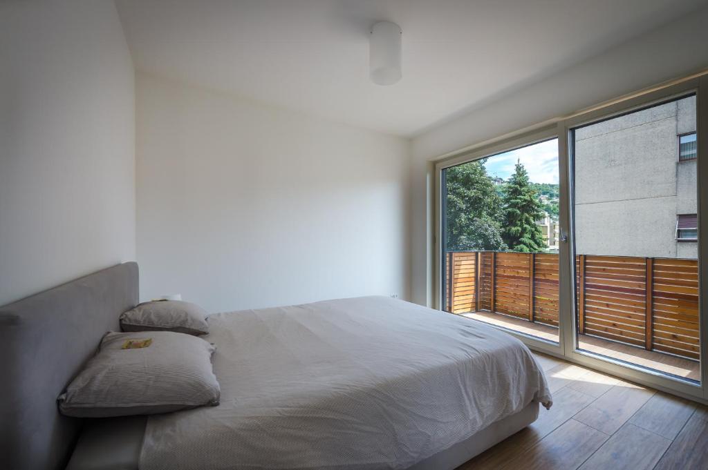 una camera con un letto e una grande finestra di Modern apartment in Lugano a Lugano