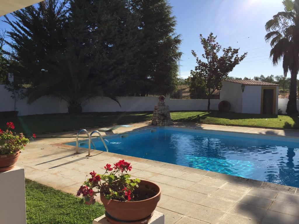 uma piscina com flores num quintal em Moinho de Vento (CASA DE MADEIRA) em Castelo Branco