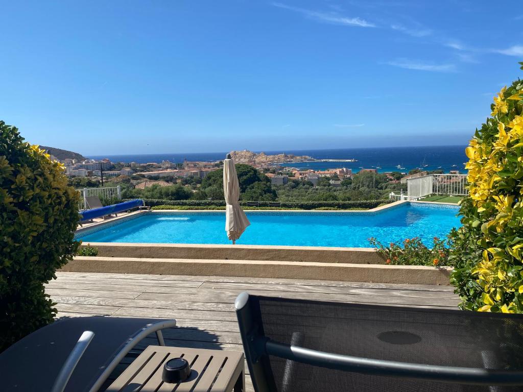 - une vue sur la piscine avec un parasol dans l'établissement Hôtel Funtana Marina, à LʼÎle-Rousse