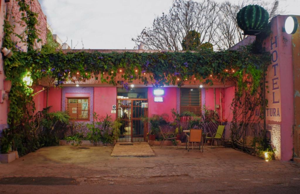 a pink house with ivy on the side of it at Hotel Aventura in Mérida