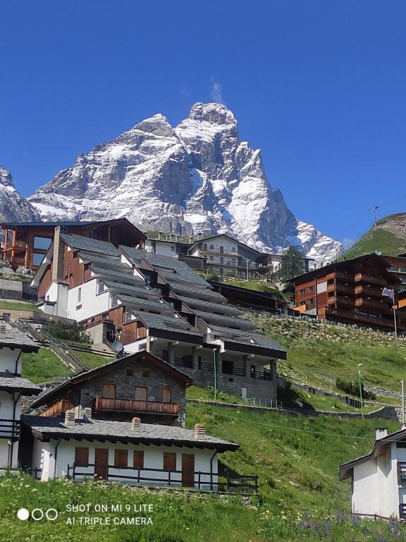 un grupo de edificios frente a una montaña en TANA DELLA MARMOTTA - renovated, ski in ski out, turkish bath, garage, storage, en Breuil-Cervinia