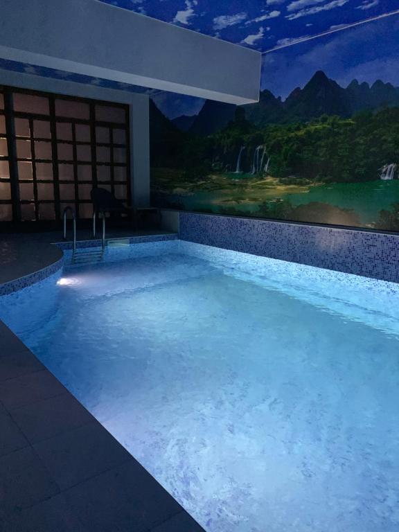 una piscina por la noche con una pintura en la pared en Relax and pool apartments Novi Sad, en Novi Sad