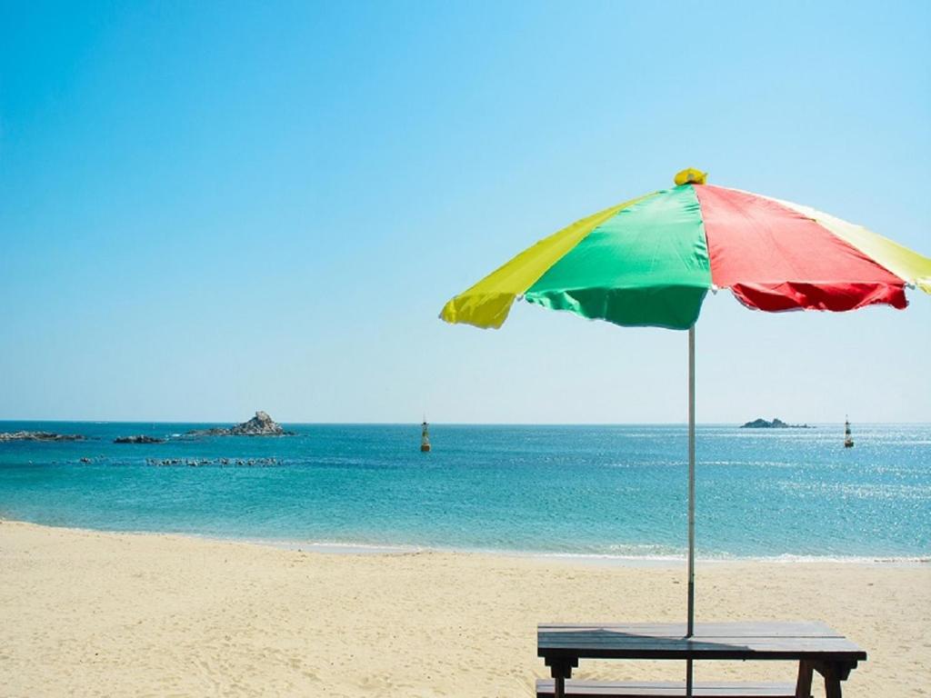 um banco com um guarda-sol na praia em Seaside Minbak em Goseong