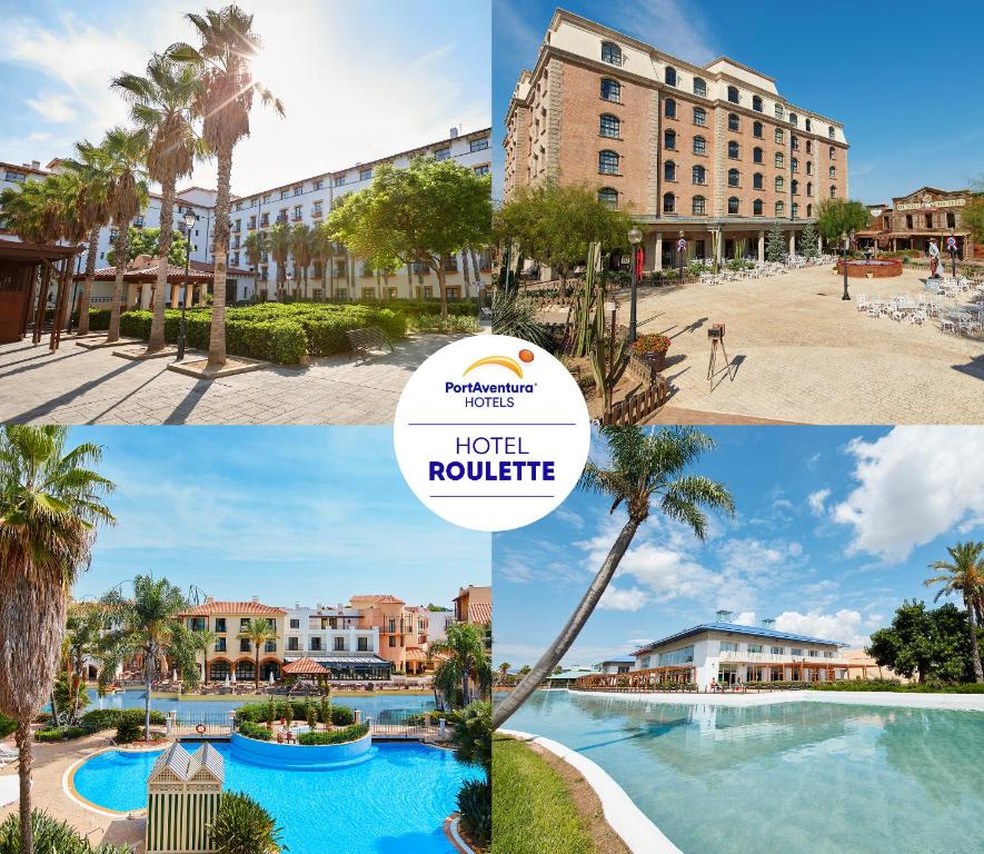 un collage de fotos de un hotel y un complejo en PortAventura Hotel Roulette - Includes unlimited access to PortAventura Park & 1 access to Ferrari Land, en Salou