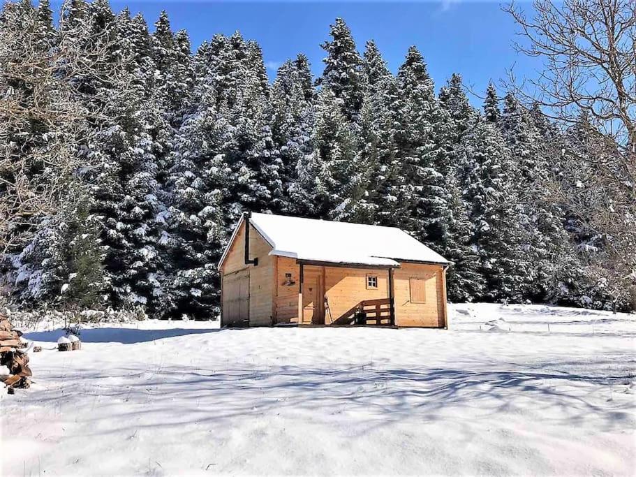 um celeiro de madeira num campo coberto de neve com árvores em Wood Cabin by the River - for Nature Lovers em Vytina