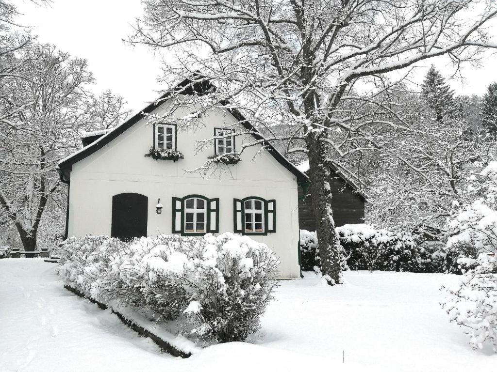 uma casa branca com neve no chão em LANDSITZ OBERHOF petit hôtel em Muggendorf