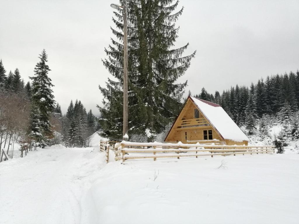 uma cabana de madeira na neve com uma cerca em Brvnara Orfej em Gornje Pale