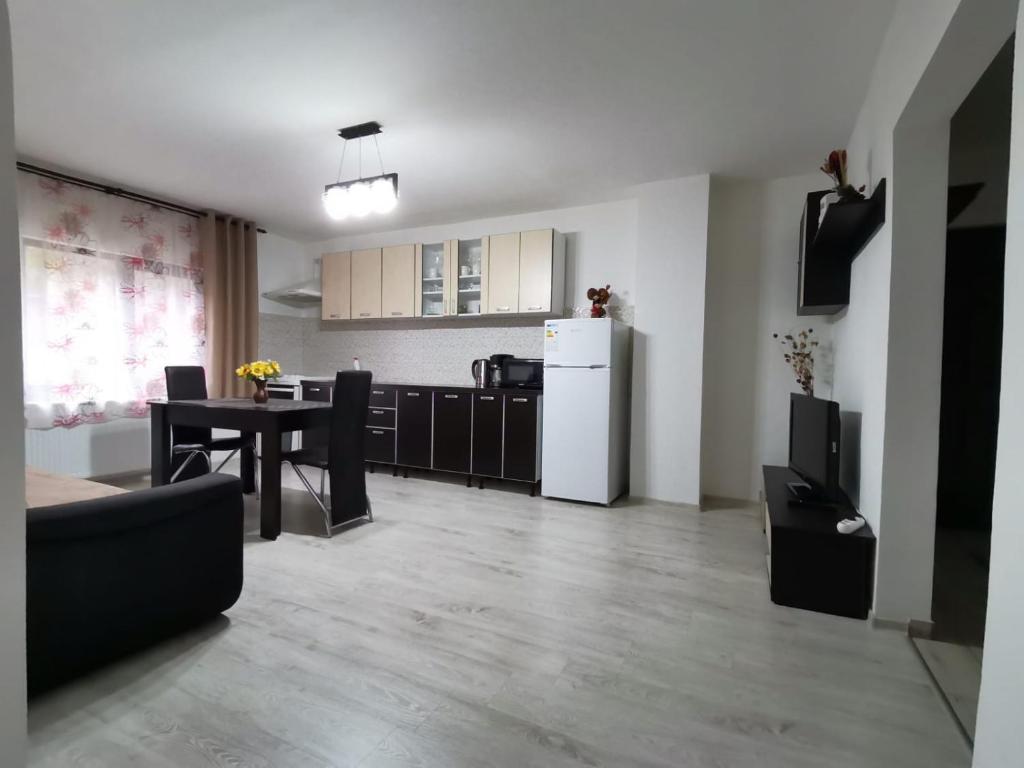 uma cozinha com uma mesa e um frigorífico num quarto em Mario Apartament regim hotelier em Reşiţa