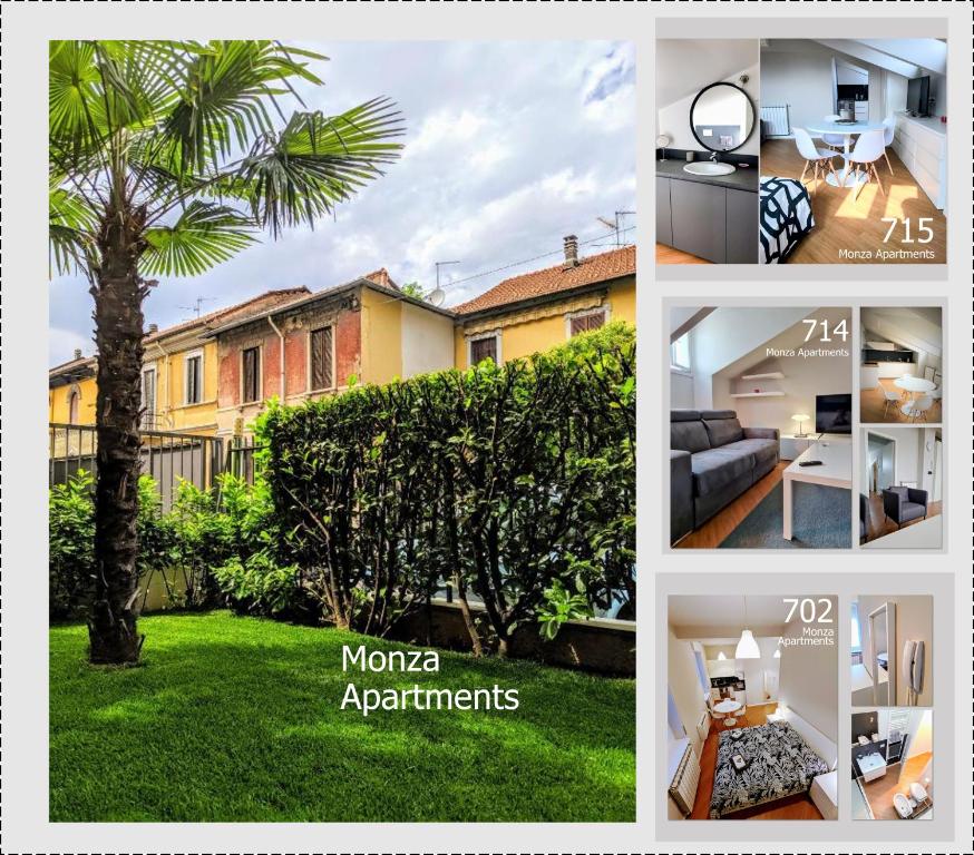 un collage di foto di una casa con una palma di Monza Apartments a Monza