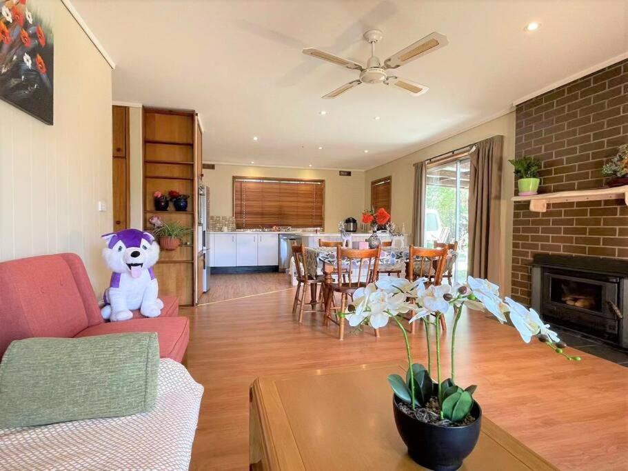 ein Wohnzimmer mit einem Teddybär auf einer Couch in der Unterkunft Apollo bay Holiday House in Apollo Bay