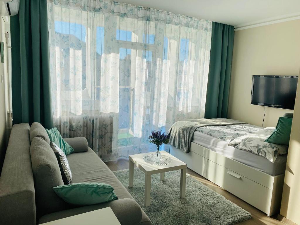 - une chambre avec un canapé, un lit et une fenêtre dans l'établissement Zrinyi Central Apartman with free parking, à Nyíregyháza