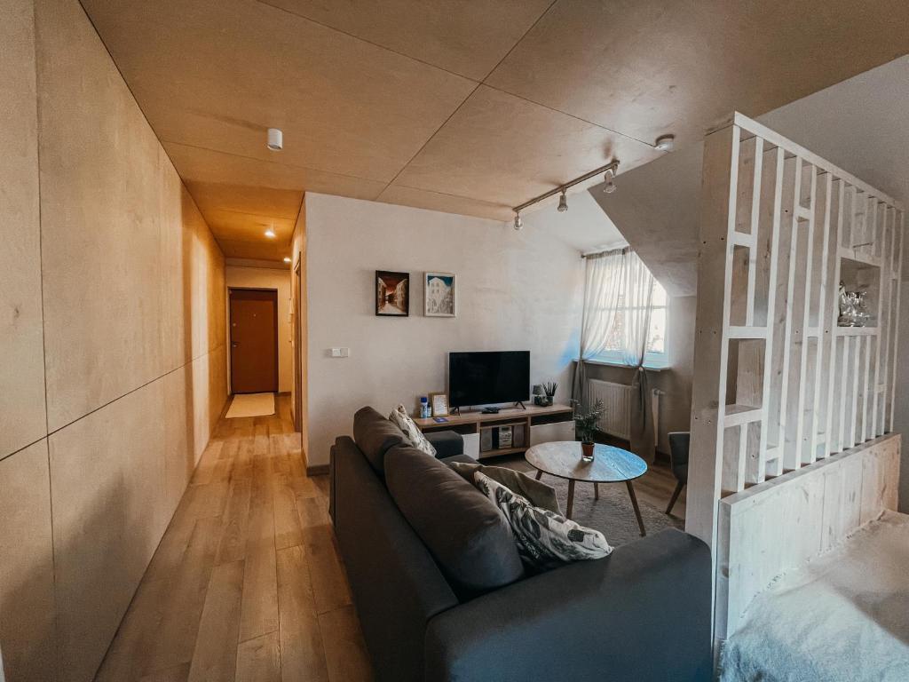 uma sala de estar com um sofá e uma mesa em Old Town Apartment em Marijampolė